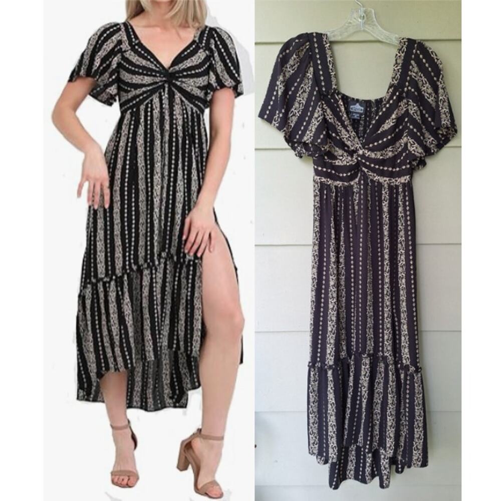 Angie Cottage Casual Ruffle Flutter Sleeve Midi Dress Black Beige Floral Size XL